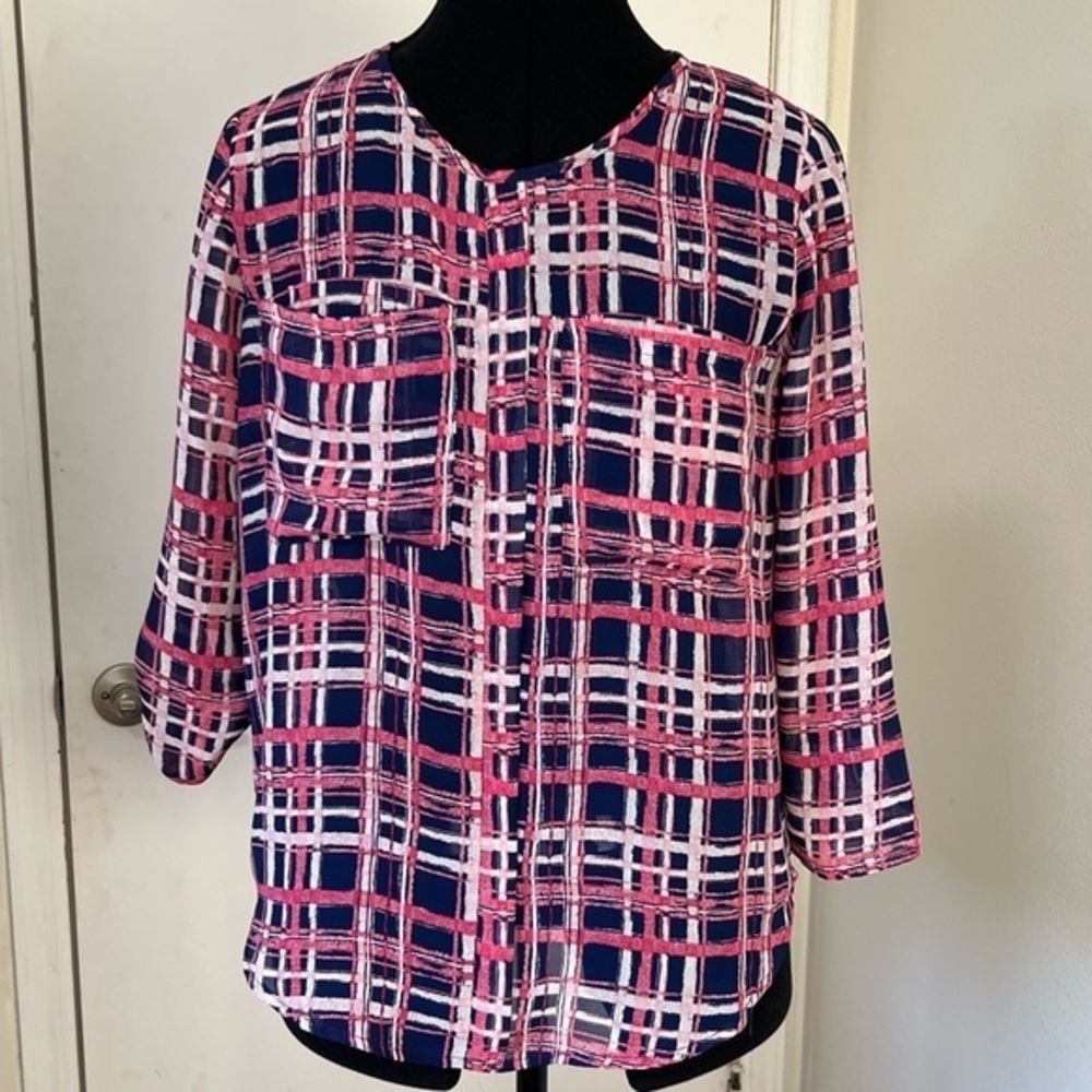 Papermoon Lightweight Sheer Pink Blue Plaid Blouse Size Small